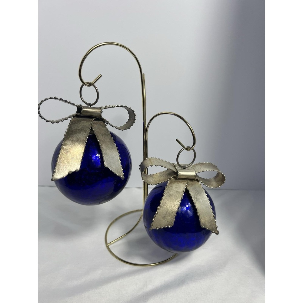 Cobalt Blue 2pc Crackle Glass Christmas Ornaments Decorative Metal Bow Vintage